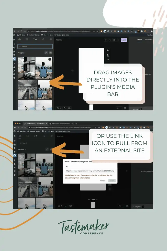 graphic of the Web Stories plug in with two arrows showing how to upload media directly to the plugin
