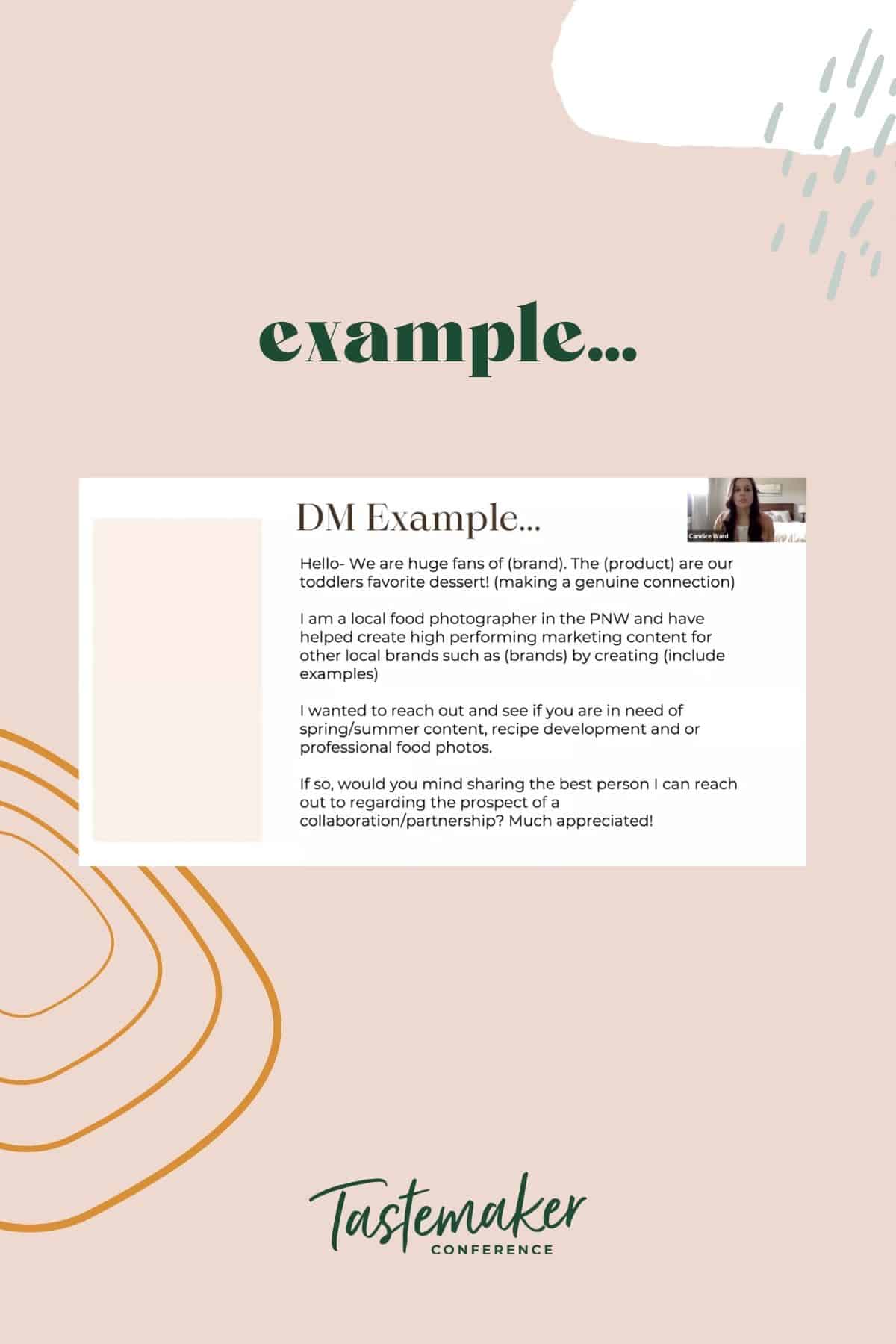 pink graphic with a webinar screenshot of a DM example to send to brands
