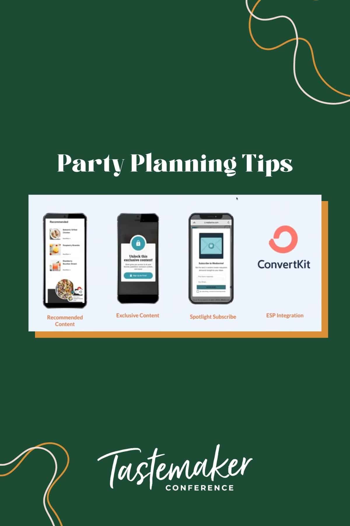 graphic reading party planning tips with screenshot from powerpoint with types of content