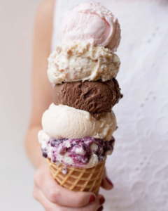 5 scoops of ice cream on a waffle cone