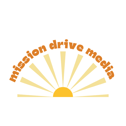 graphic of a sun in yellow and orange bubble letters for mission drive media