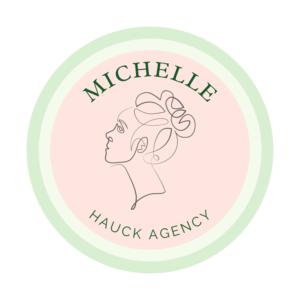 logo of pink and green with a drawing of a woman