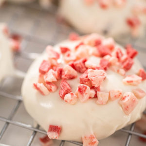 close up of peppermint white chocolate cookies with peppermint on top