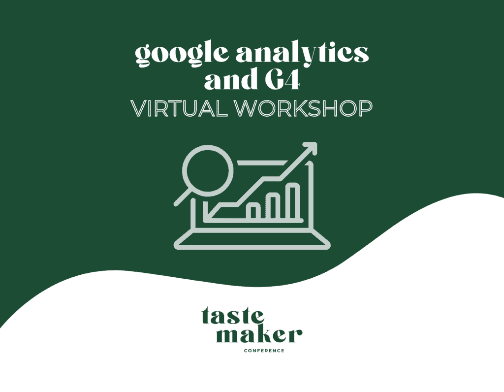 green and white graphic titled "google analytics and G4 virtual workshop"