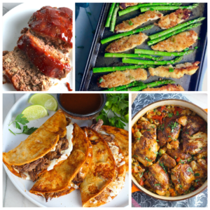 collage of sliced meatloaf, three birria tacos, chicken and green beans, and chicken with toppings
