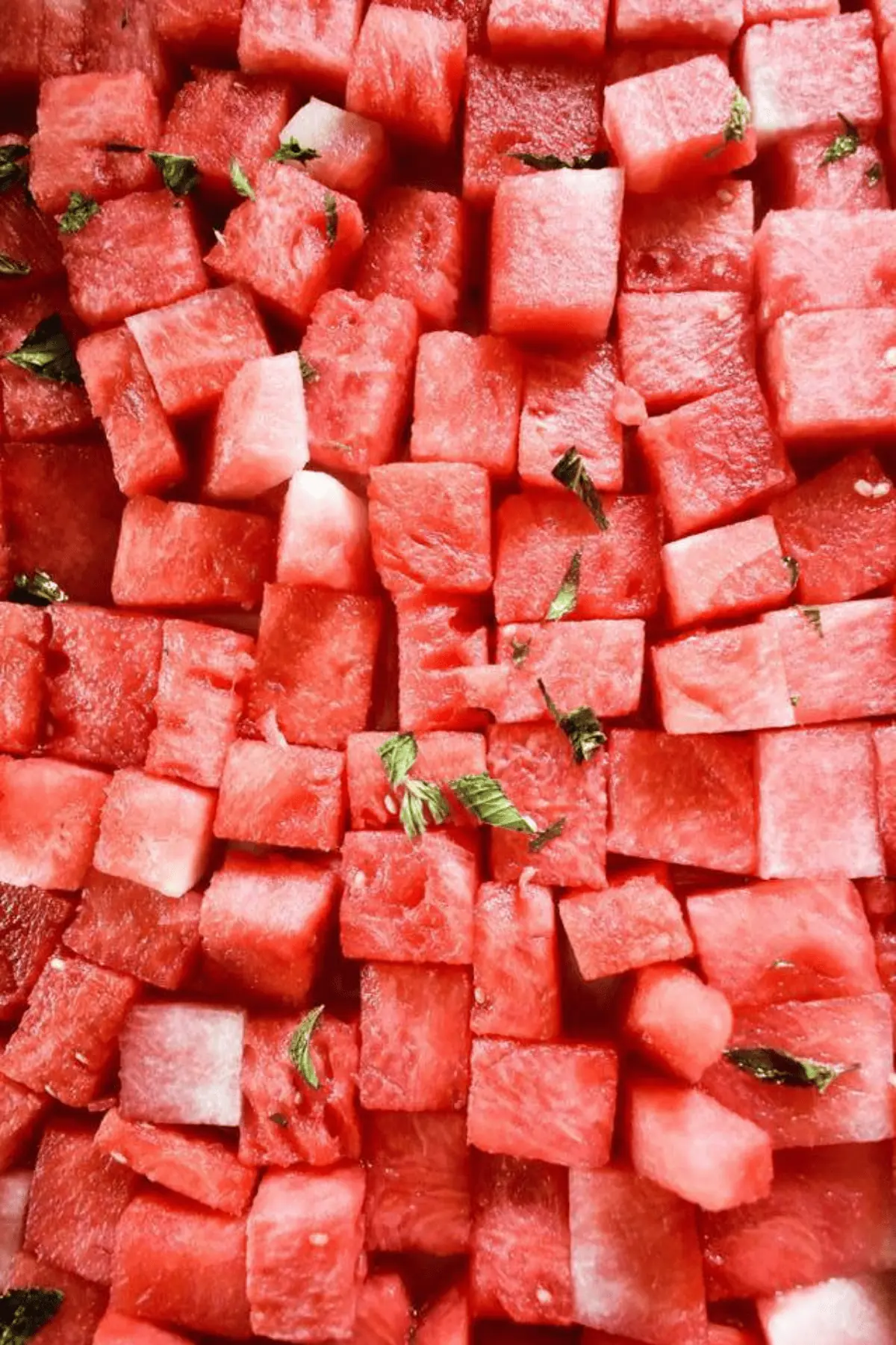 sliced cubes of watermelon with herbs on top