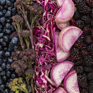 Close up of purple and blue veggies.