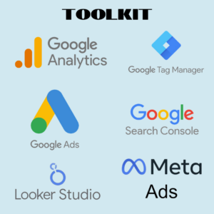 A graphic titled 'TOOLKIT' featuring logos of various digital marketing tools, including Google Analytics, Google Tag Manager, Google Ads, Google Search Console, Looker Studio, and Meta Ads, all on a light blue background.