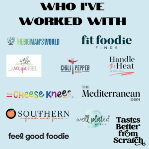 A graphic titled 'WHO I'VE WORKED WITH' displaying logos of various brands and blogs, including The Big Man's World, Fit Foodie Finds, The Recipe Rebel, Chili Pepper Madness, Handle the Heat, The Cheese Knees, The Mediterranean Dish, Southern Food and Fun, Well Plated by Erin, Feel Good Foodie, and Tastes Better from Scratch, all on a light blue background.