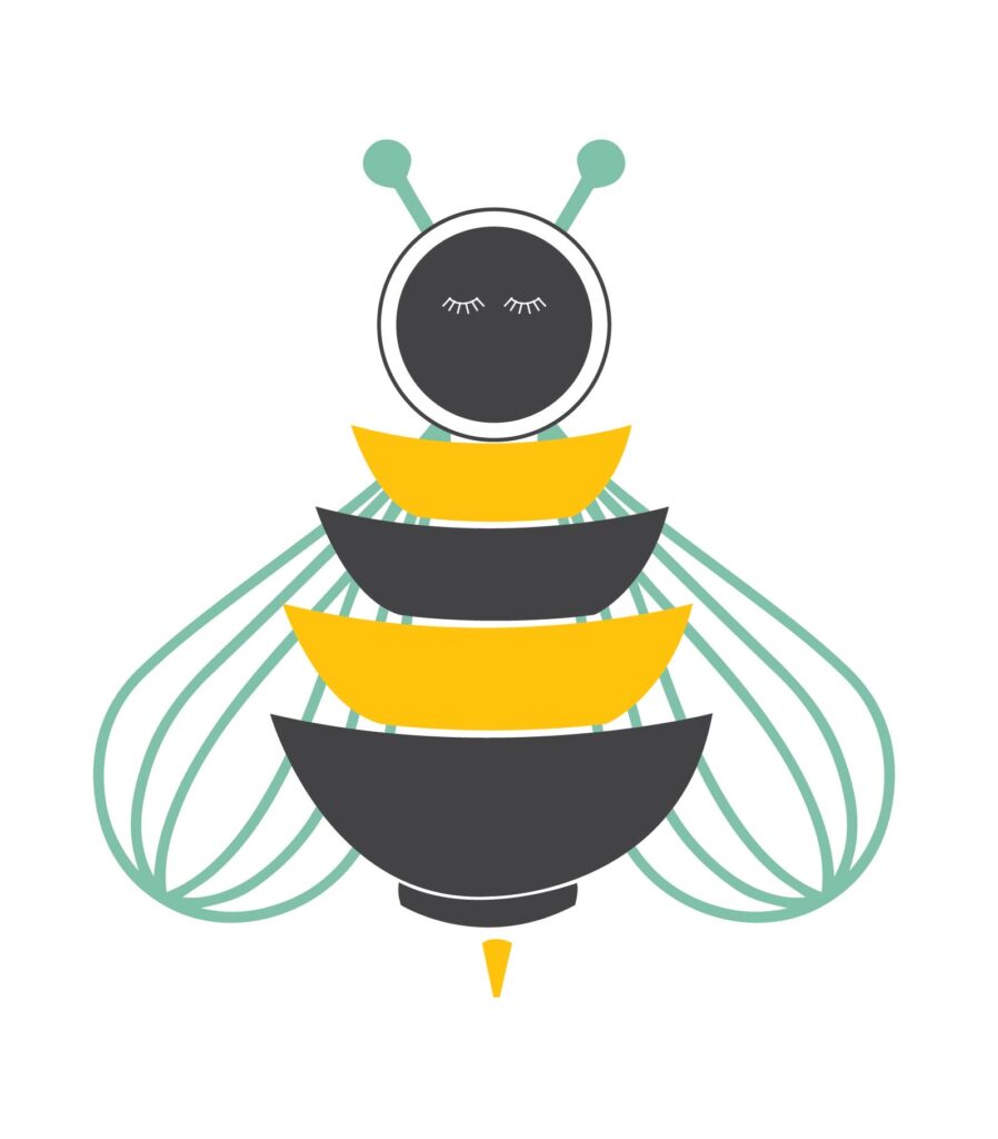 Colorful, stylized graphic of a bumblebee made from stacked bowls, featuring closed eyes on a round black face and a layered body in yellow and black with green whisks appearing like wings behind the body.