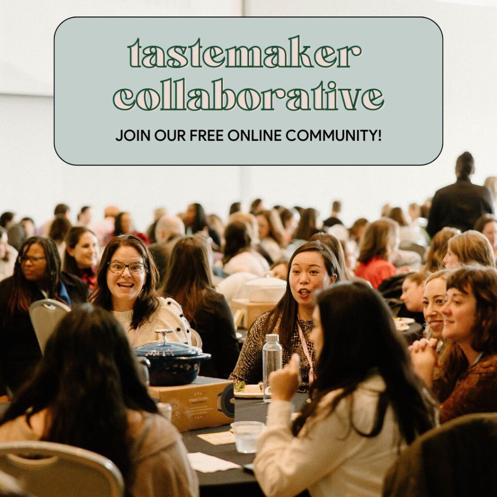 A large group of people seated at tables in a conference hall, talking and enjoying a meal. The text above reads: "Tastemaker Collaborative – Join our free online community!"