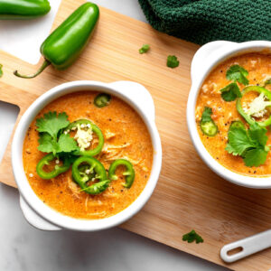 Two bowls of creamy orange soup garnished with sliced jalapeños and cilantro, placed on a wooden board alongside fresh green jalapeños and a green cloth.