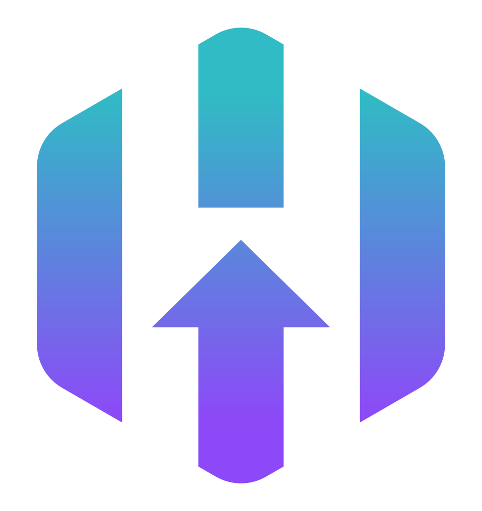 A gradient icon featuring an upward arrow in the center, transitioning from teal at the top to purple at the bottom, enclosed within a shield-like shape with curved edges.