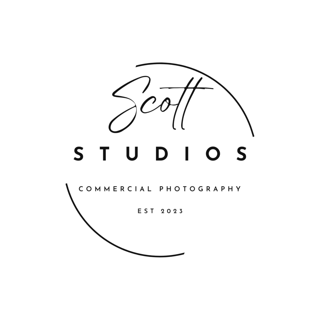 A minimalist black-and-white logo for "Scott Studios Commercial Photography," established in 2023, featuring a modern script and geometric design.