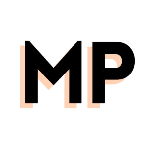 Logo with the bold black letters 'MP' centered on a white background, with a peach-colored drop shadow creating a layered, modern visual effect.