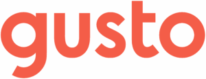logo for gusto in guava-colored letters on white background, spelling out the brand's name