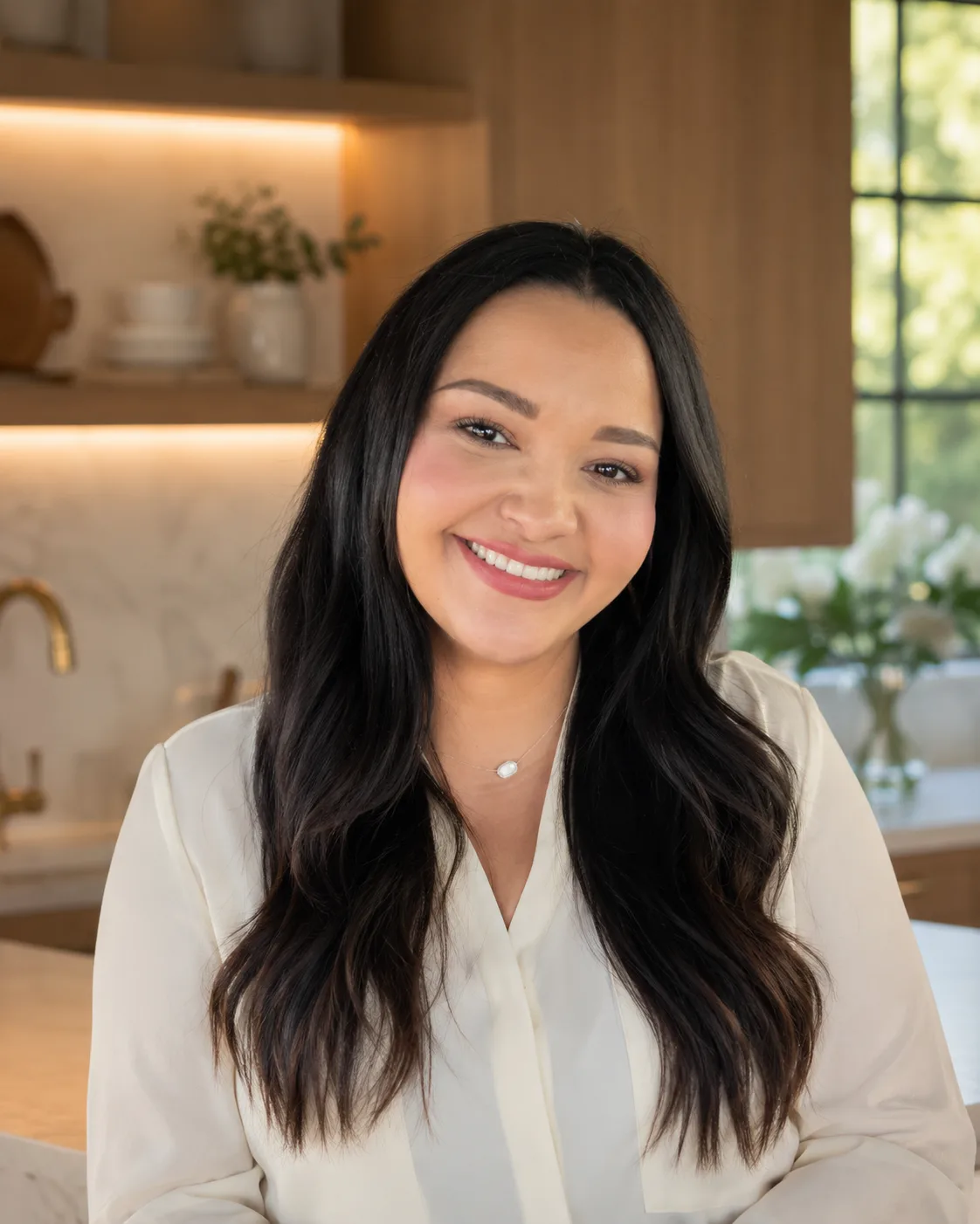 Annette Perez smiles at the camera in a warmly lit modern kitchen, wearing a cream blouse and delicate pendant necklace, with long dark hair styled in loose waves.